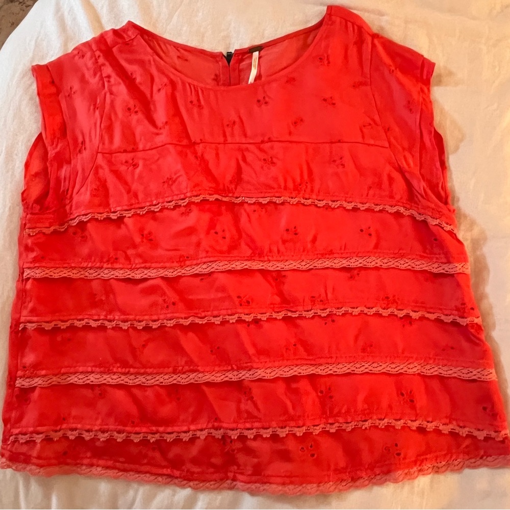 Coral Free People slightly cropped eyelet detail top